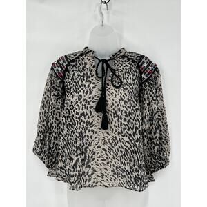 Anthro Rina Dhaka Shirt Womens XS‎ Cheetah Print Boho Embroidered Tassel Neck